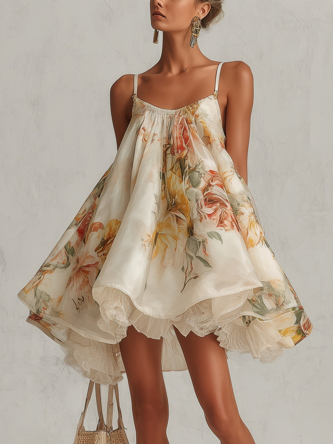 Fenella | Beige Floral Organza A-Line Mini Dress with Lace Detailing