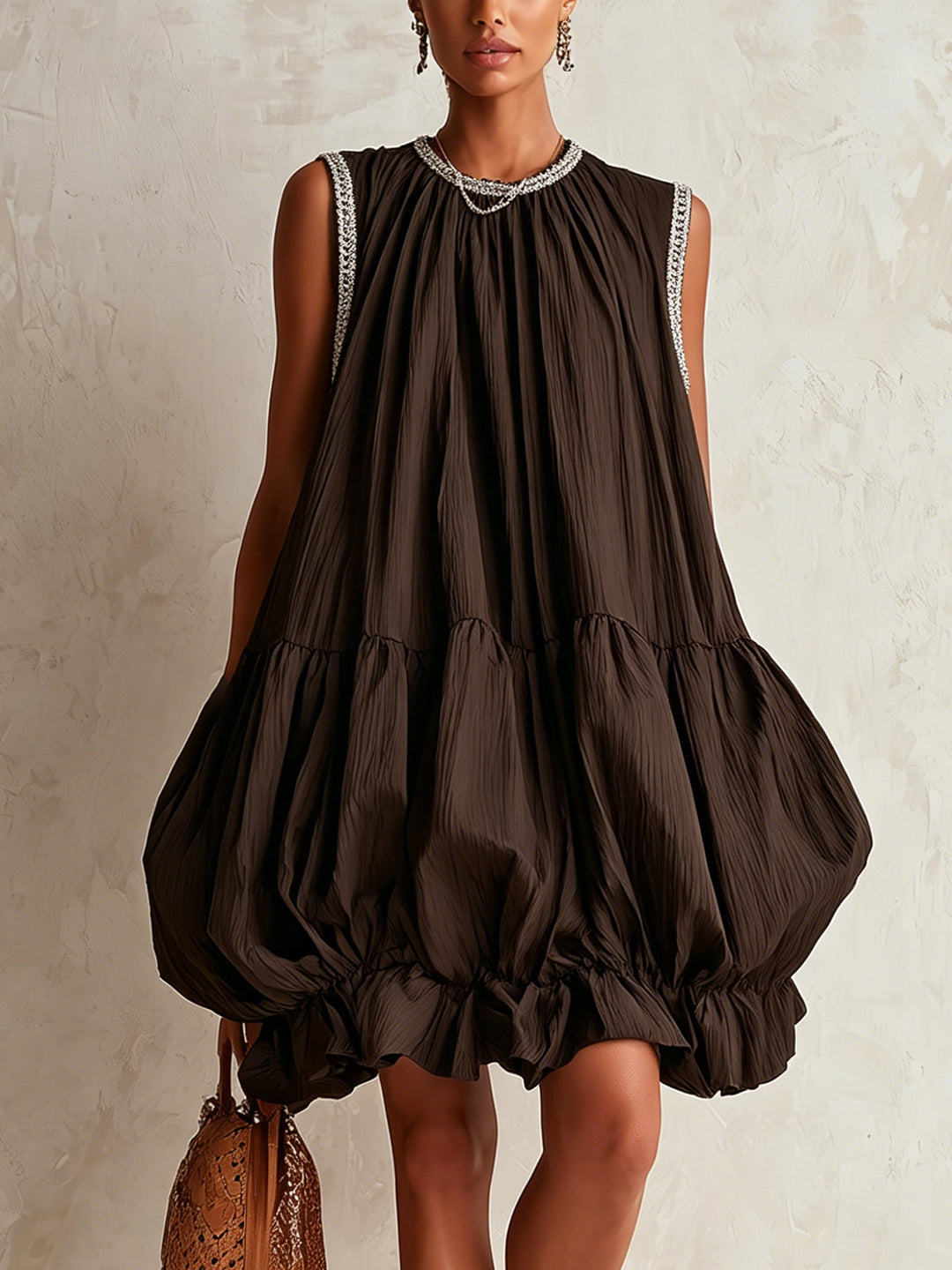 Hester | Brown Puff Hem Sleeveless Mini Dress