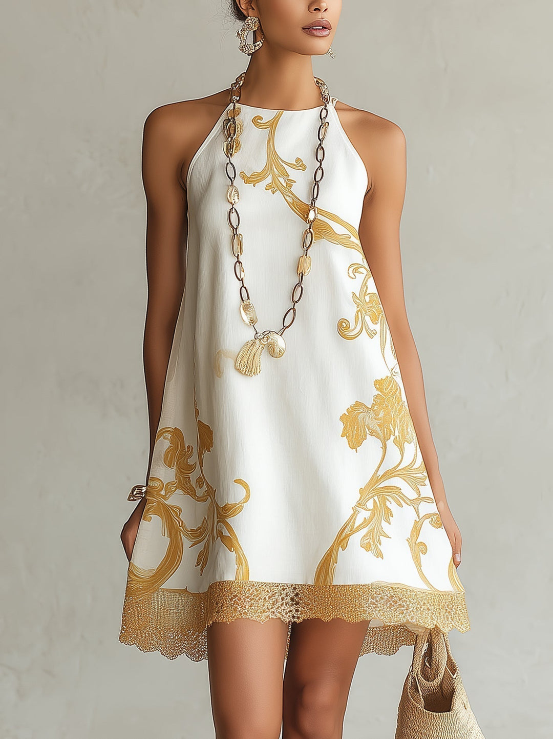 Lorelei | White Lace Mini Dress with Golden Accents