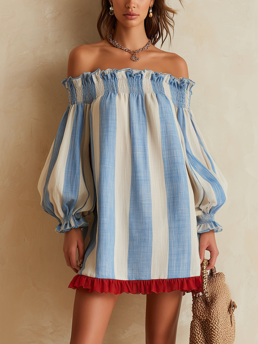 Romilly | Blue and White Striped Mini Dress with Off-the-Shoulder Style and Contrasting Hem
