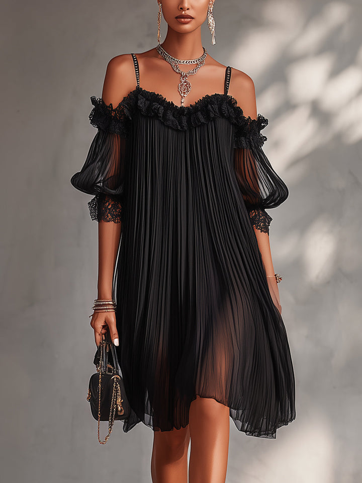 Clarissa | Off-Shoulder Black Chiffon Mini Dress with Lace Trim