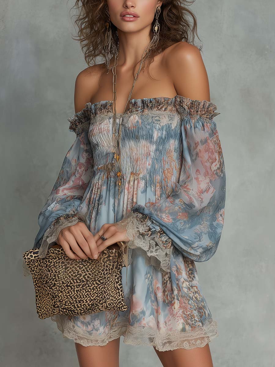 Pilar | Off-Shoulder Mini Dress in Gathered Chiffon with Romantic Floral Design