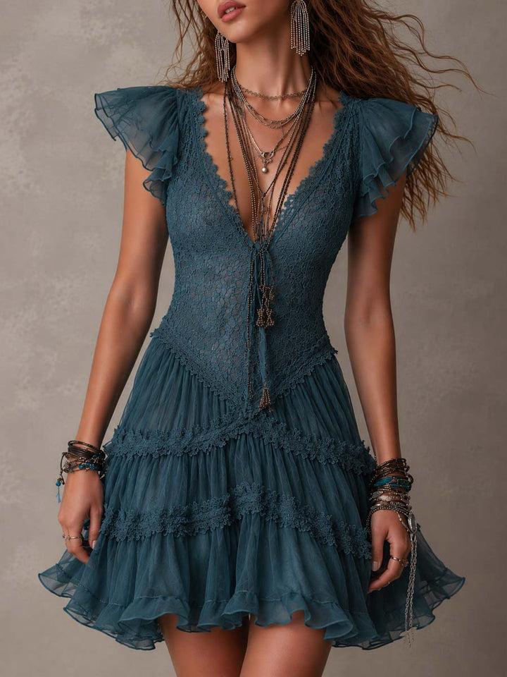 Madeleine | Retro Blue Lace & Chiffon Mini Dress with Ruffle Details