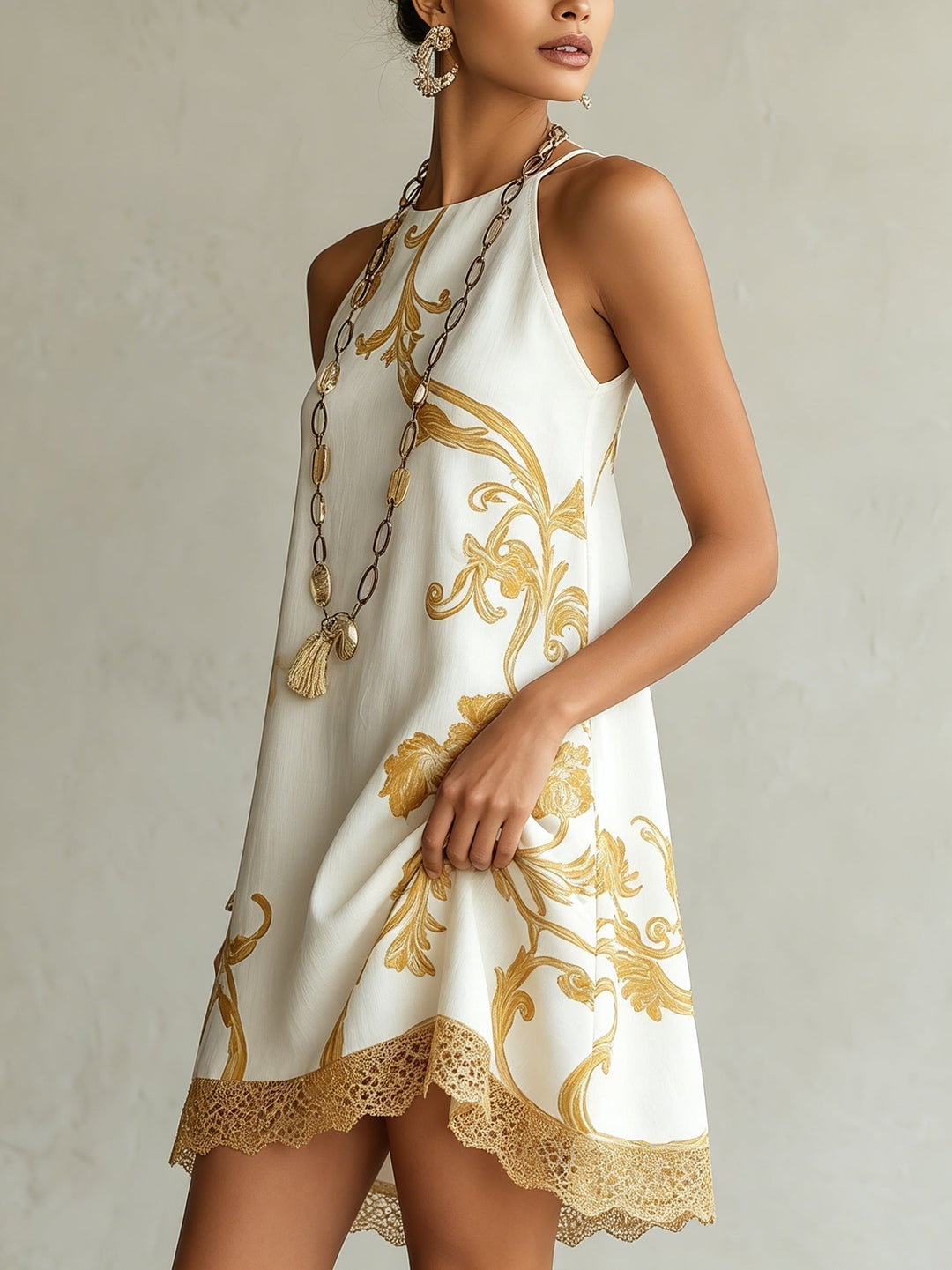 Lorelei | White Lace Mini Dress with Golden Accents