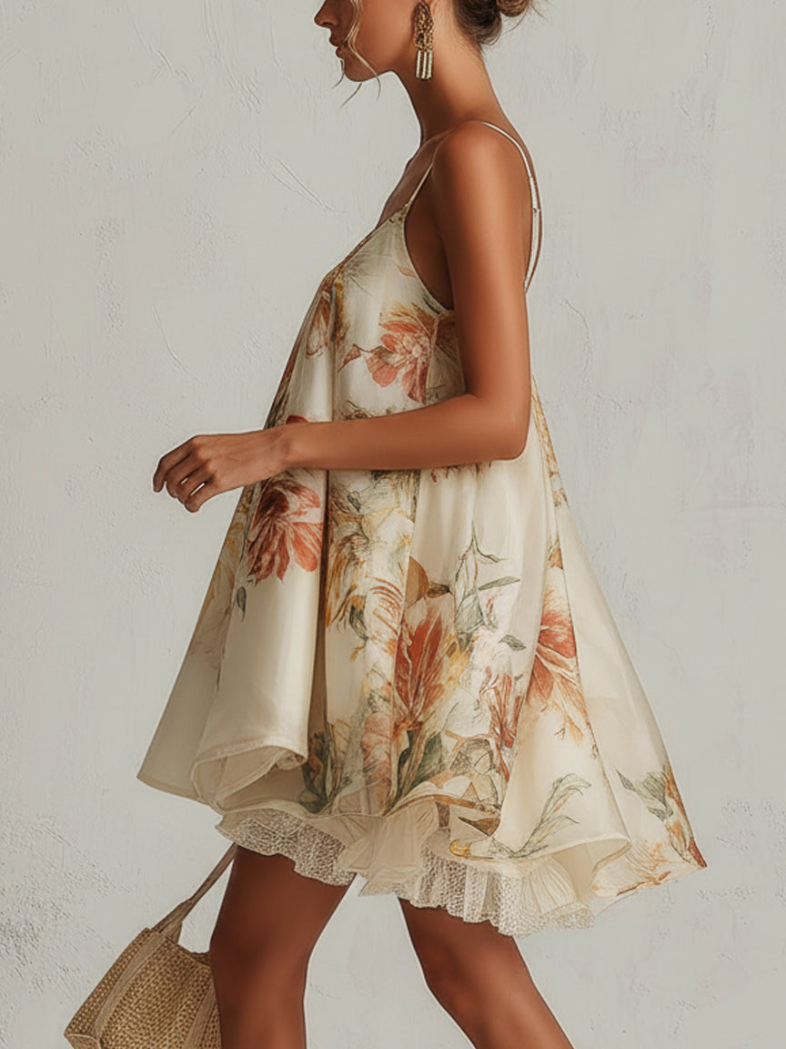 Fenella | Beige Floral Organza A-Line Mini Dress with Lace Detailing