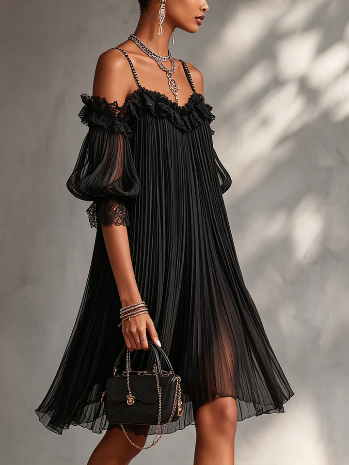 Clarissa | Off-Shoulder Black Chiffon Mini Dress with Lace Trim