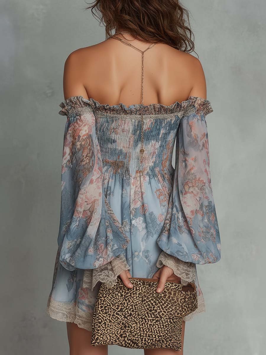 Pilar | Off-Shoulder Mini Dress in Gathered Chiffon with Romantic Floral Design