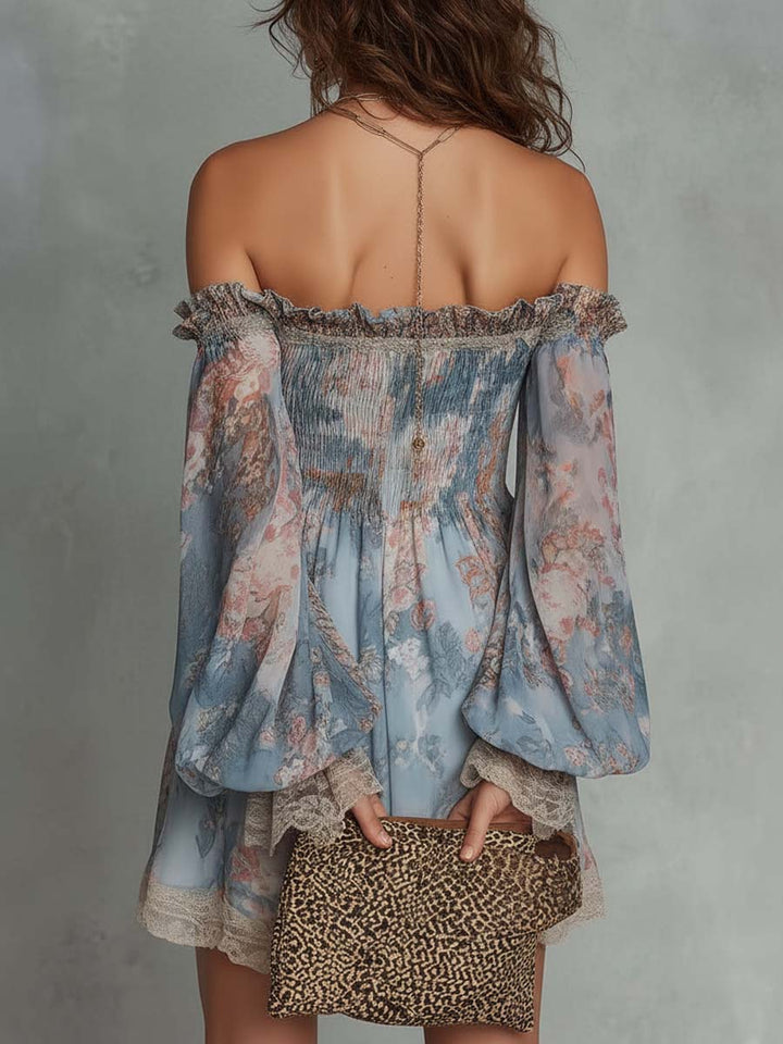 Pilar | Off-Shoulder Mini Dress in Gathered Chiffon with Romantic Floral Design
