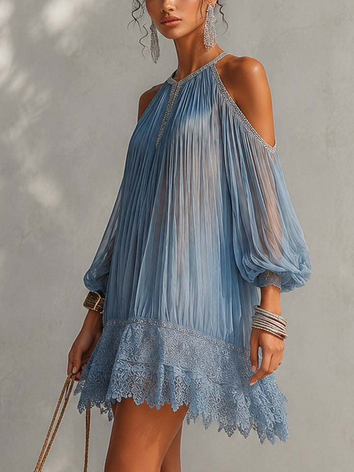 Sidonie | Off-the-Shoulder Blue Mini Dress with Ruching and Lace Trim