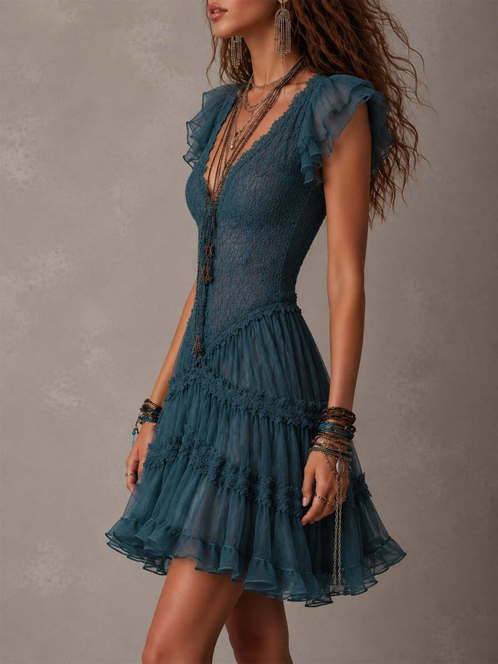 Madeleine | Retro Blue Lace & Chiffon Mini Dress with Ruffle Details
