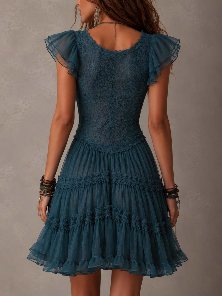 Madeleine | Retro Blue Lace & Chiffon Mini Dress with Ruffle Details