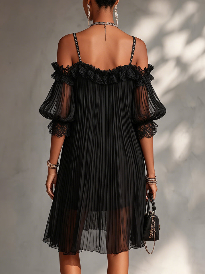 Clarissa | Off-Shoulder Black Chiffon Mini Dress with Lace Trim