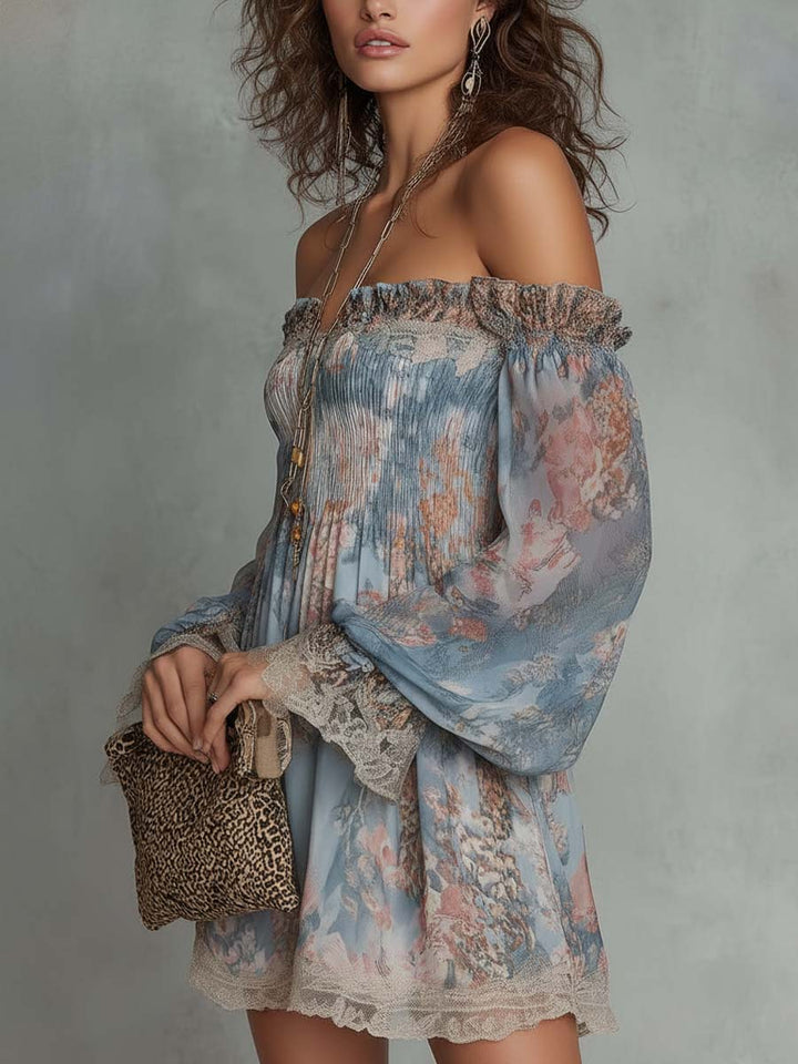 Pilar | Off-Shoulder Mini Dress in Gathered Chiffon with Romantic Floral Design