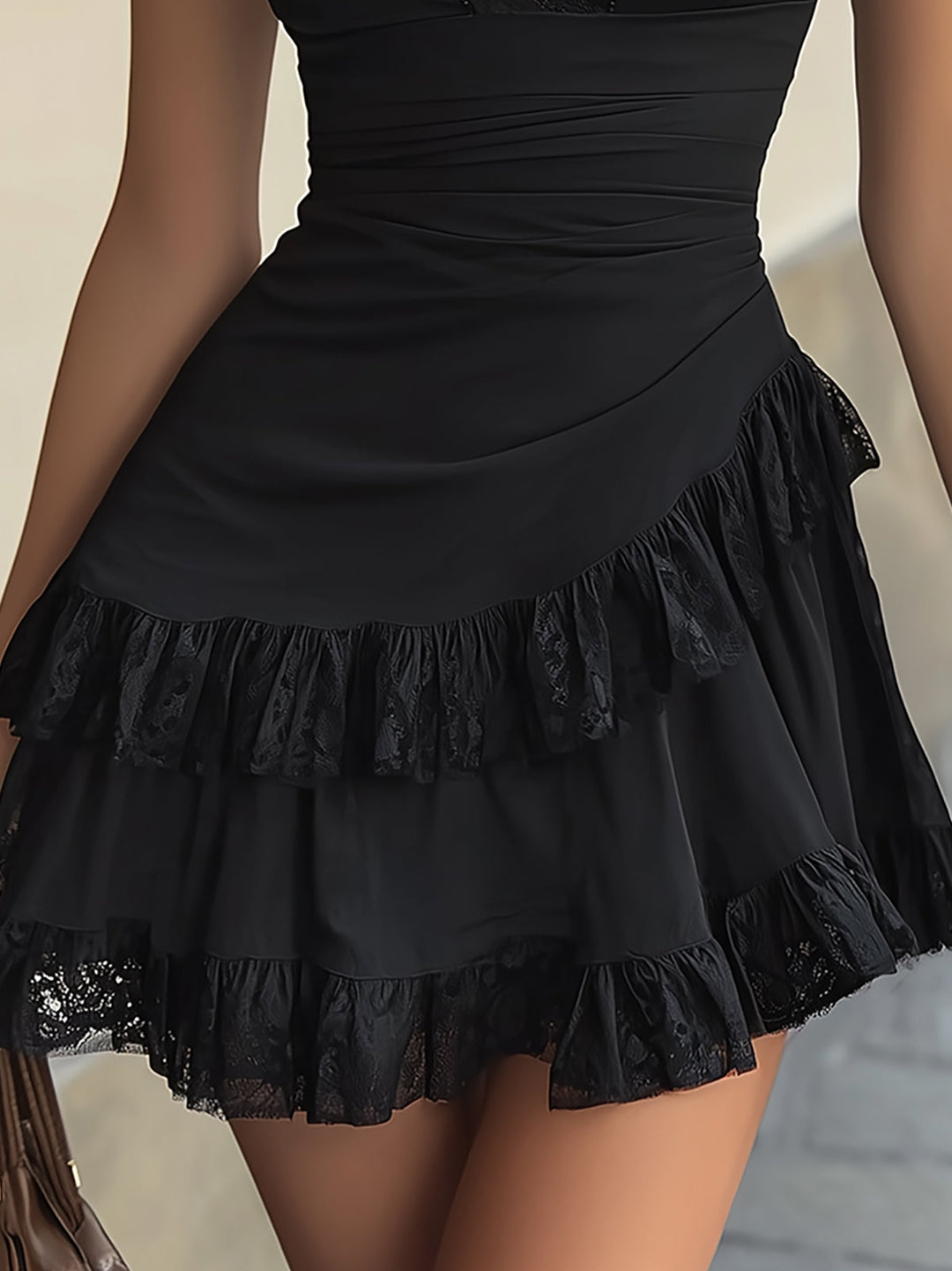 Joanna | V-Neck Mini Dress with Black Ruffle Accents