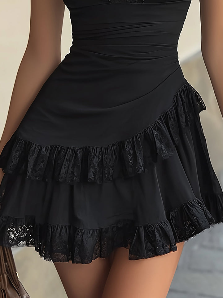 Joanna | V-Neck Mini Dress with Black Ruffle Accents