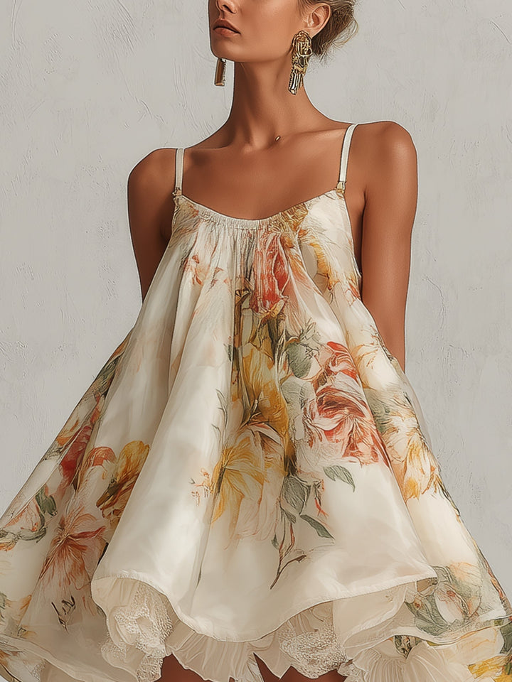 Fenella | Beige Floral Organza A-Line Mini Dress with Lace Detailing