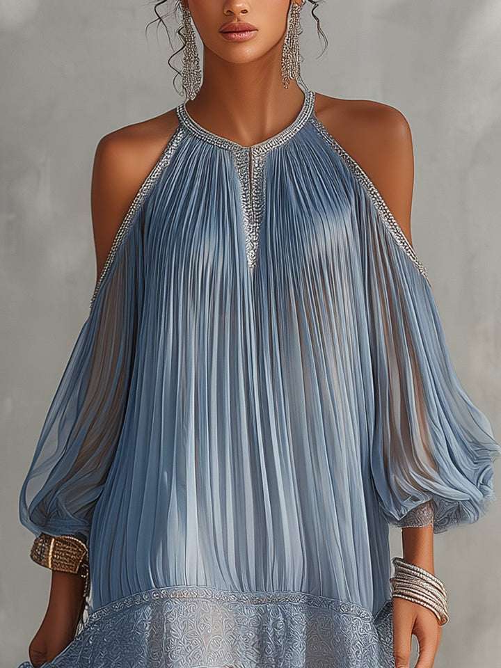 Sidonie | Off-the-Shoulder Blue Mini Dress with Ruching and Lace Trim