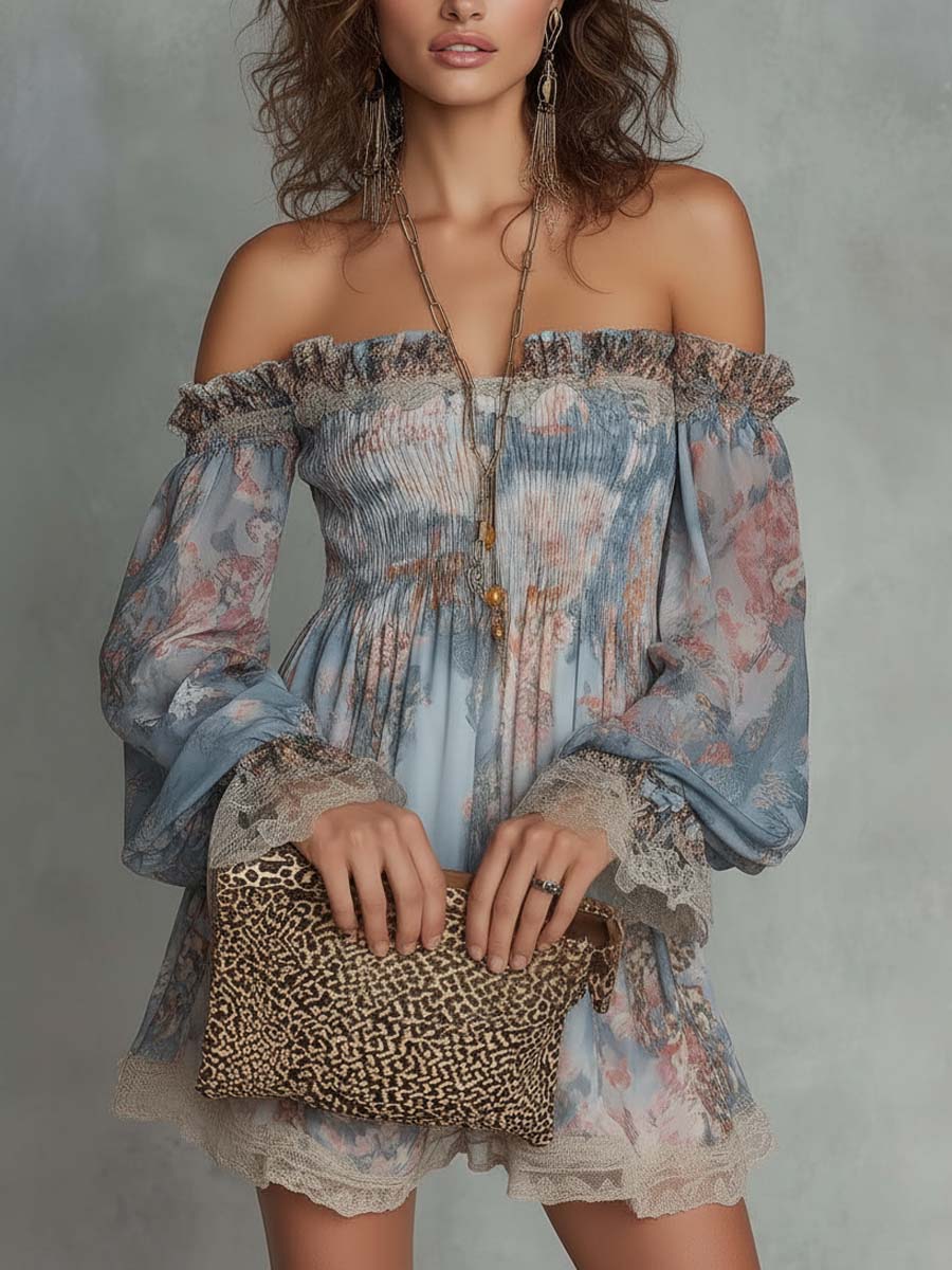 Pilar | Off-Shoulder Mini Dress in Gathered Chiffon with Romantic Floral Design