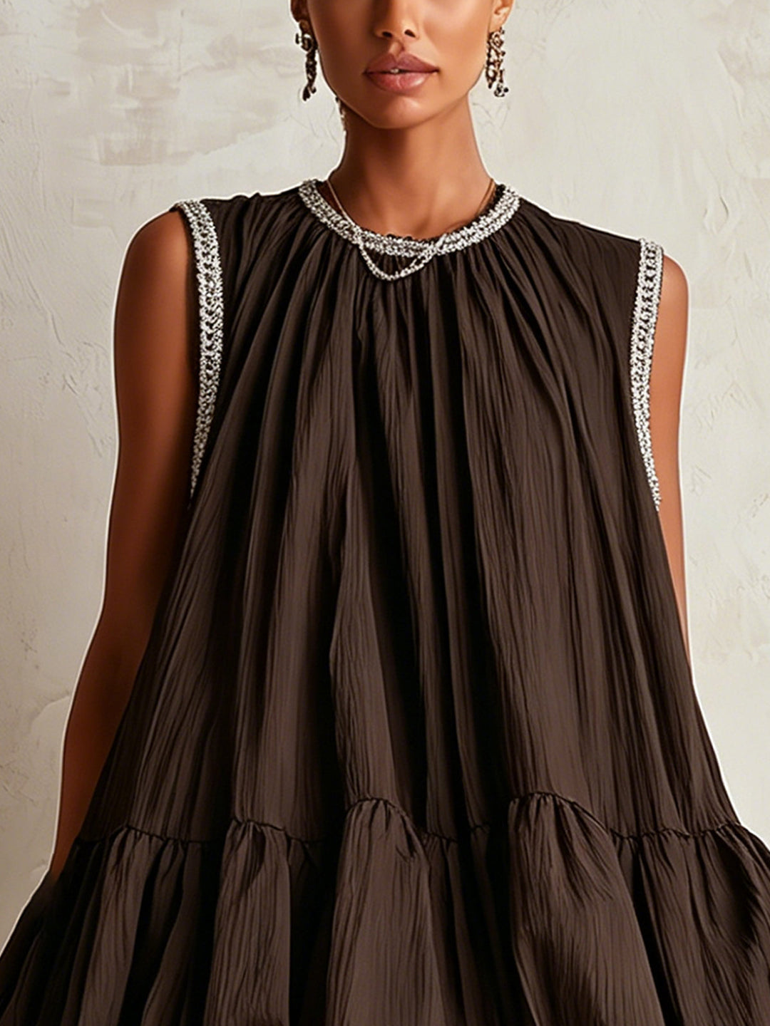 Hester | Brown Puff Hem Sleeveless Mini Dress