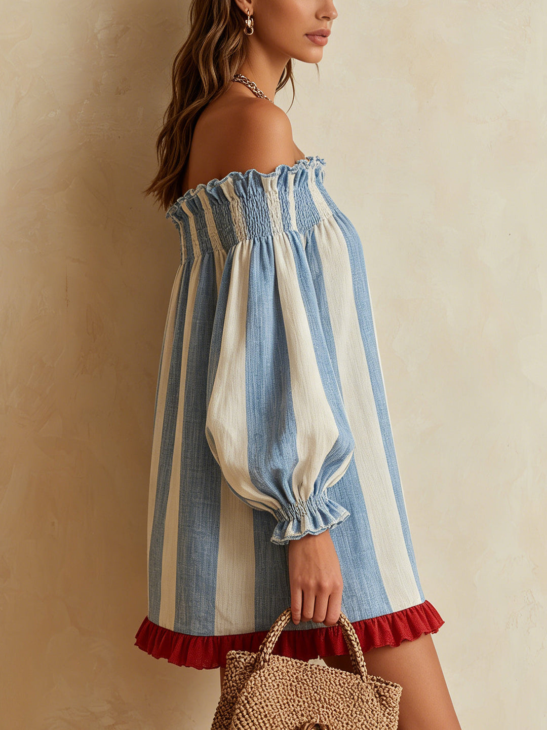 Romilly | Blue and White Striped Mini Dress with Off-the-Shoulder Style and Contrasting Hem