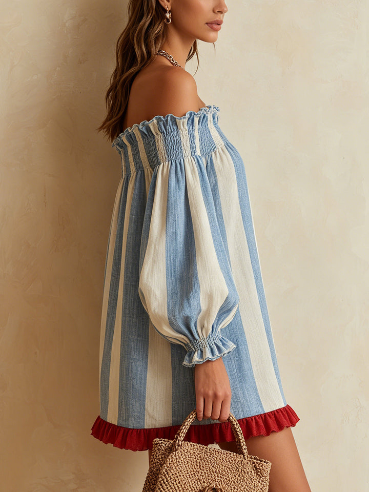 Romilly | Blue and White Striped Mini Dress with Off-the-Shoulder Style and Contrasting Hem
