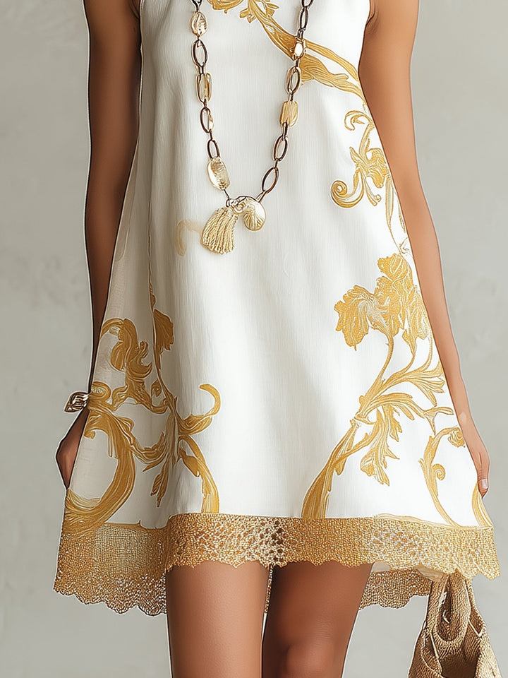Lorelei | White Lace Mini Dress with Golden Accents