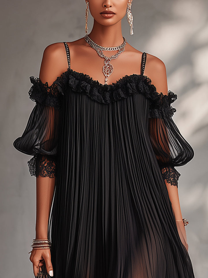 Clarissa | Off-Shoulder Black Chiffon Mini Dress with Lace Trim