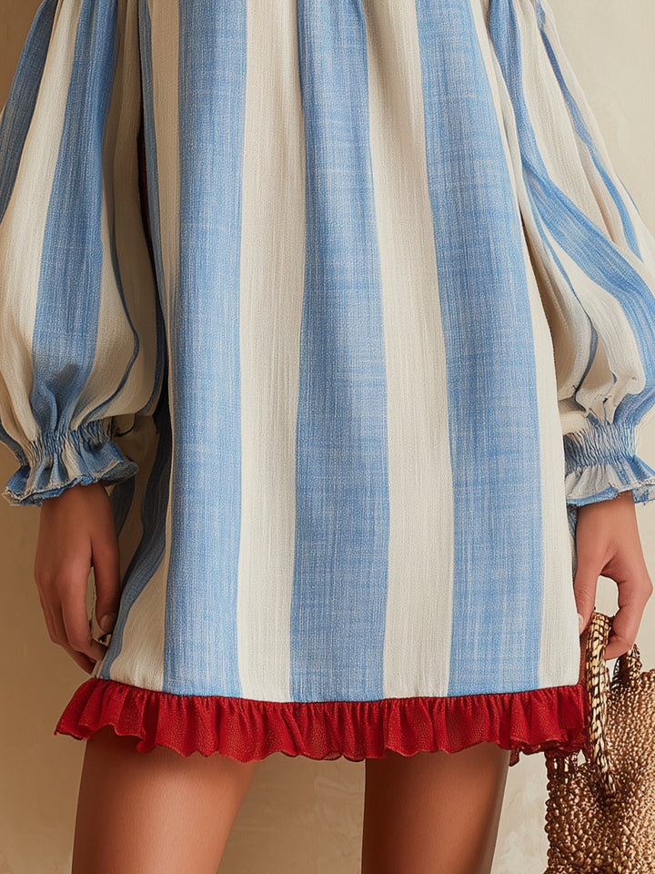 Romilly | Blue and White Striped Mini Dress with Off-the-Shoulder Style and Contrasting Hem