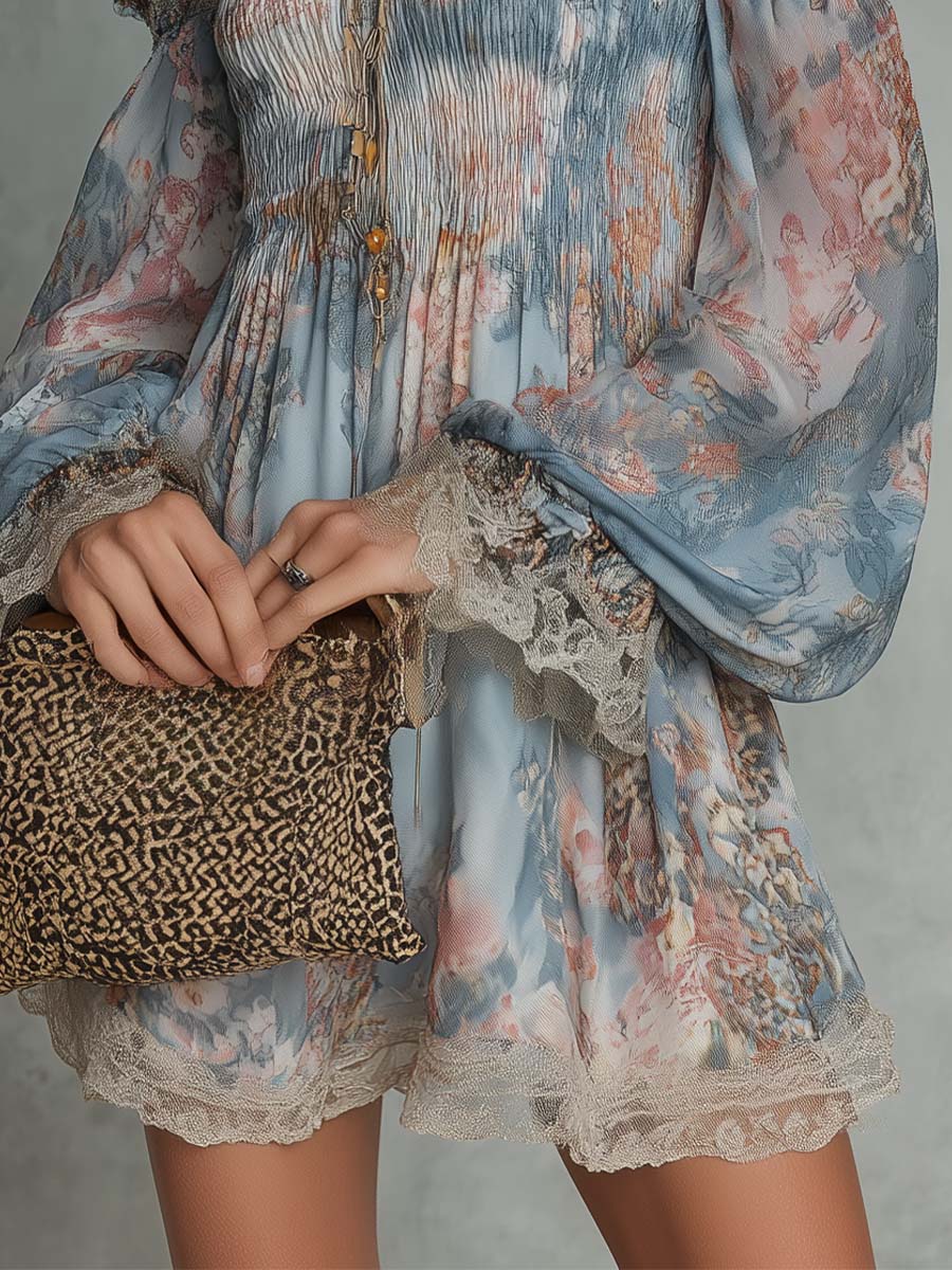Pilar | Off-Shoulder Mini Dress in Gathered Chiffon with Romantic Floral Design