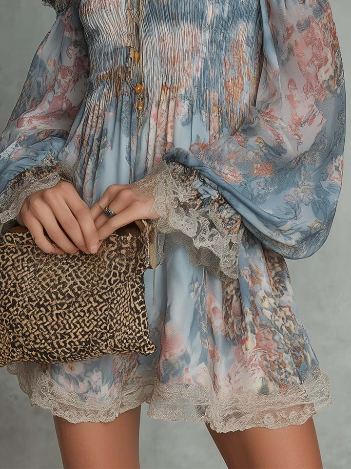 Pilar | Off-Shoulder Mini Dress in Gathered Chiffon with Romantic Floral Design