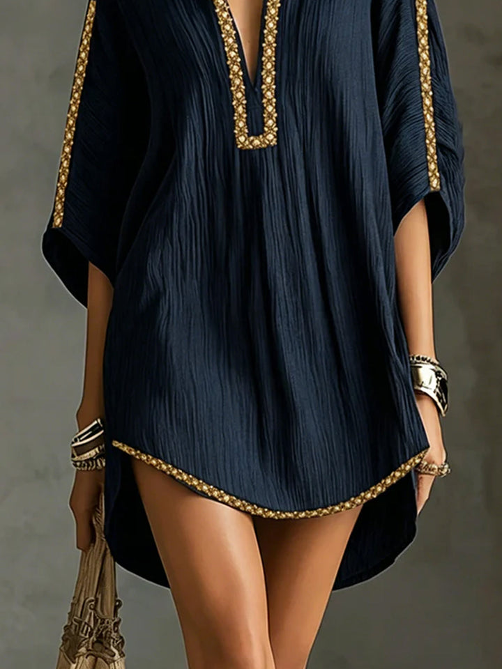 Gwendolyn | Black Kaftan-Style Mini Dress with Deep V-Neck