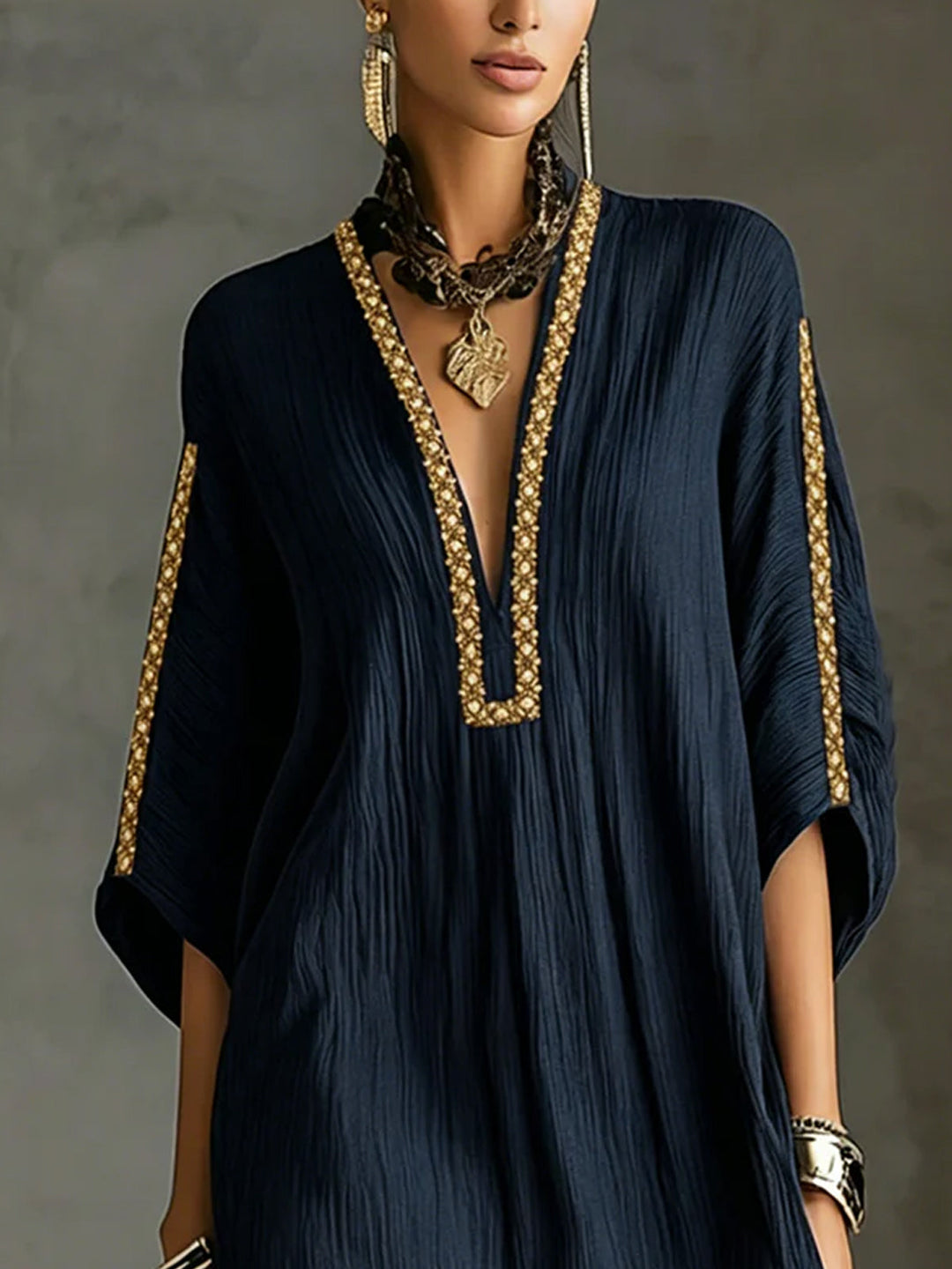 Gwendolyn | Black Kaftan-Style Mini Dress with Deep V-Neck