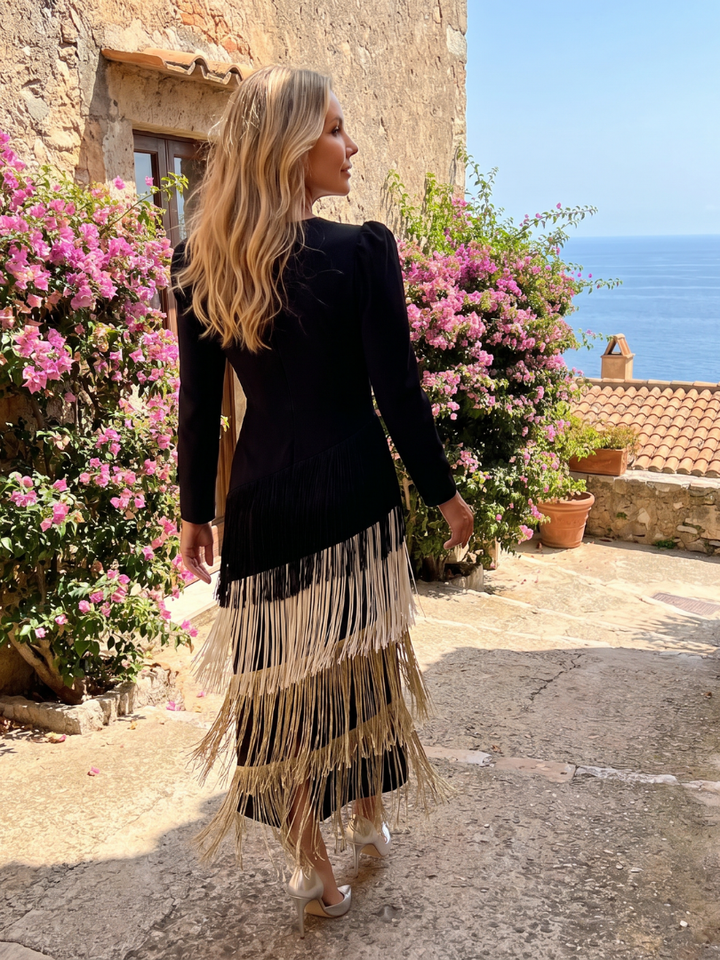 Harrow & Lane Long Sleeve Soft Fringe Skirt Midi Dress