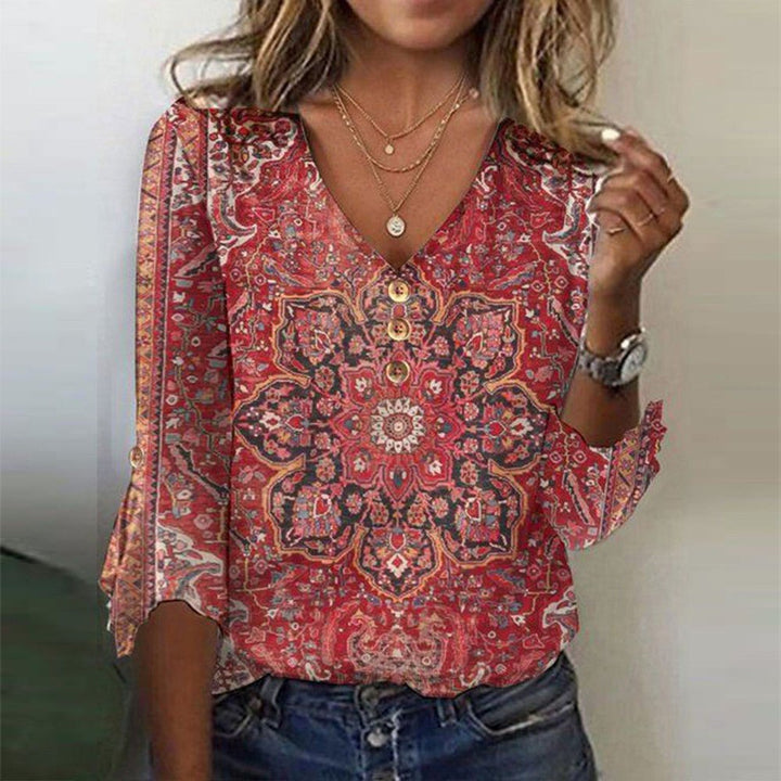 Georgiana | Ed Print 3/4 Sleeve V-Neck Top