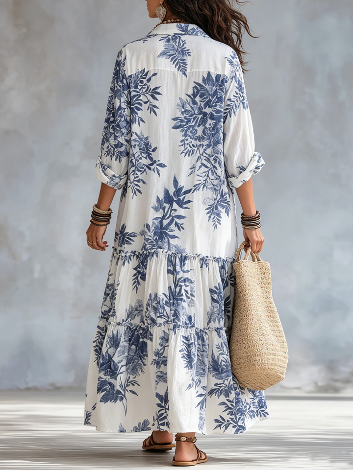 Milena™ | Bohemian Blue Floral Button-Down Tiered Maxi Dress