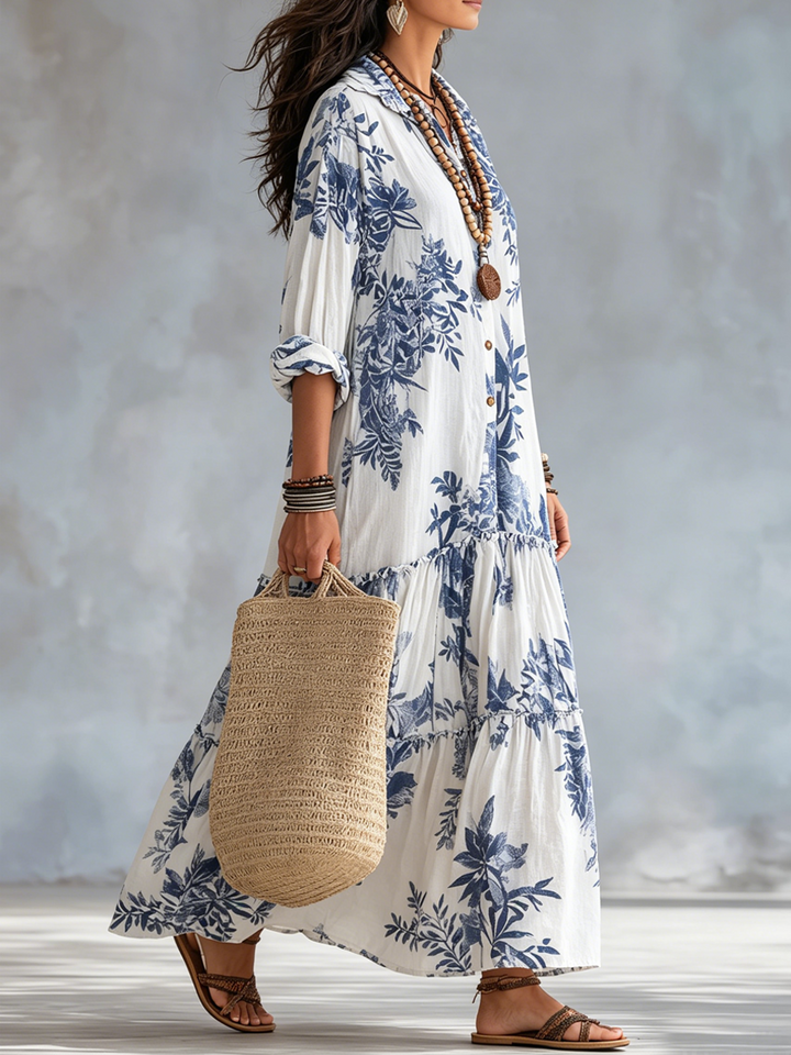 Milena™ | Bohemian Blue Floral Button-Down Tiered Maxi Dress