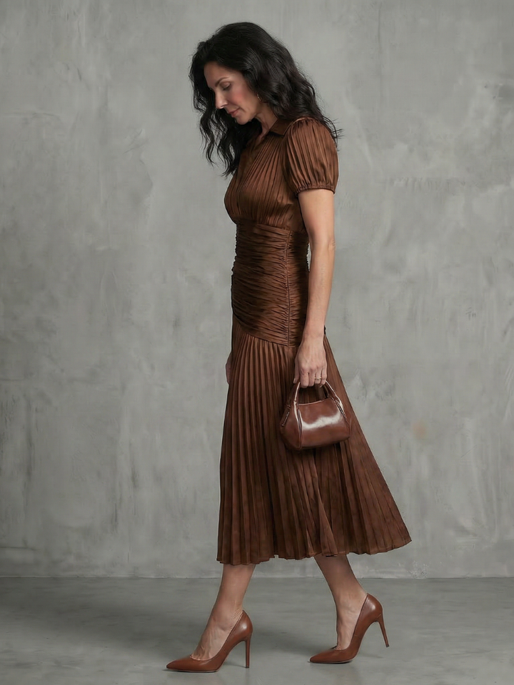 Paola | Pleated Waistline Stripe Midi Dress