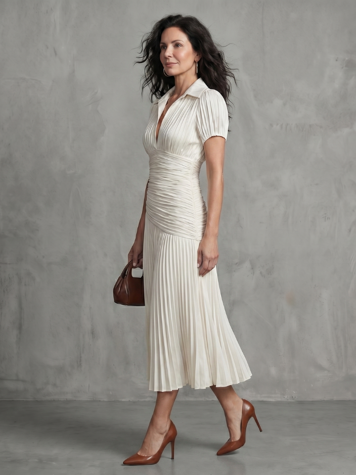 Paola | Pleated Waistline Stripe Midi Dress