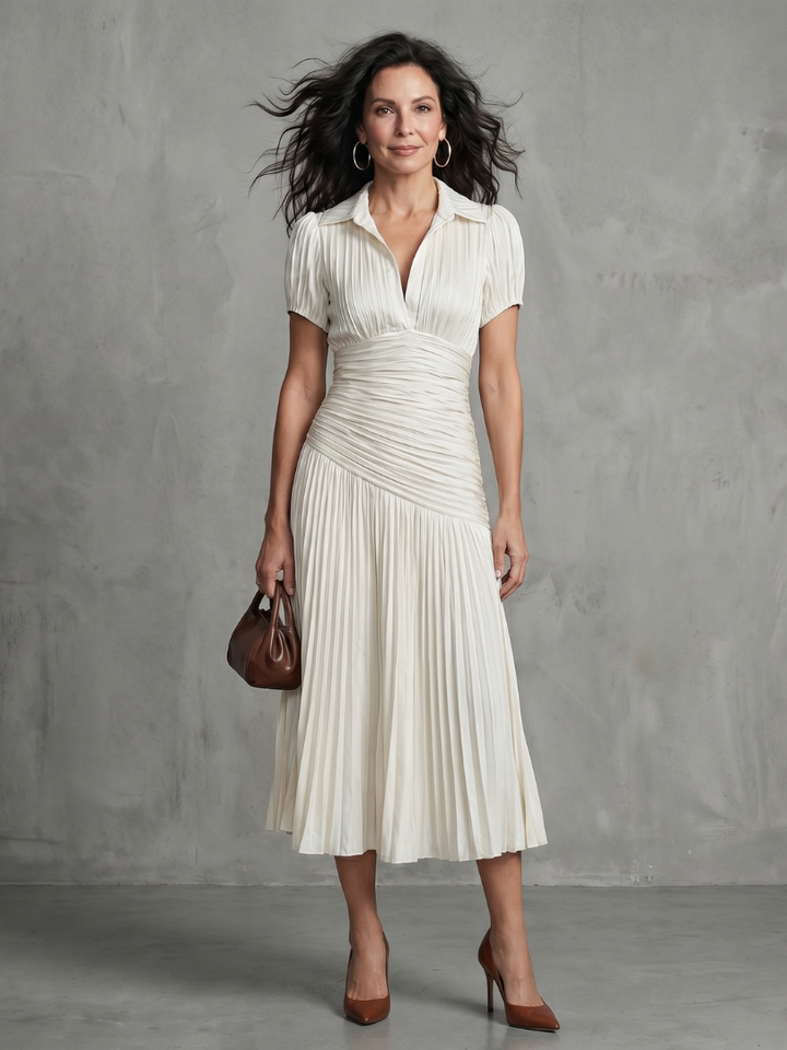 Paola | Pleated Waistline Stripe Midi Dress