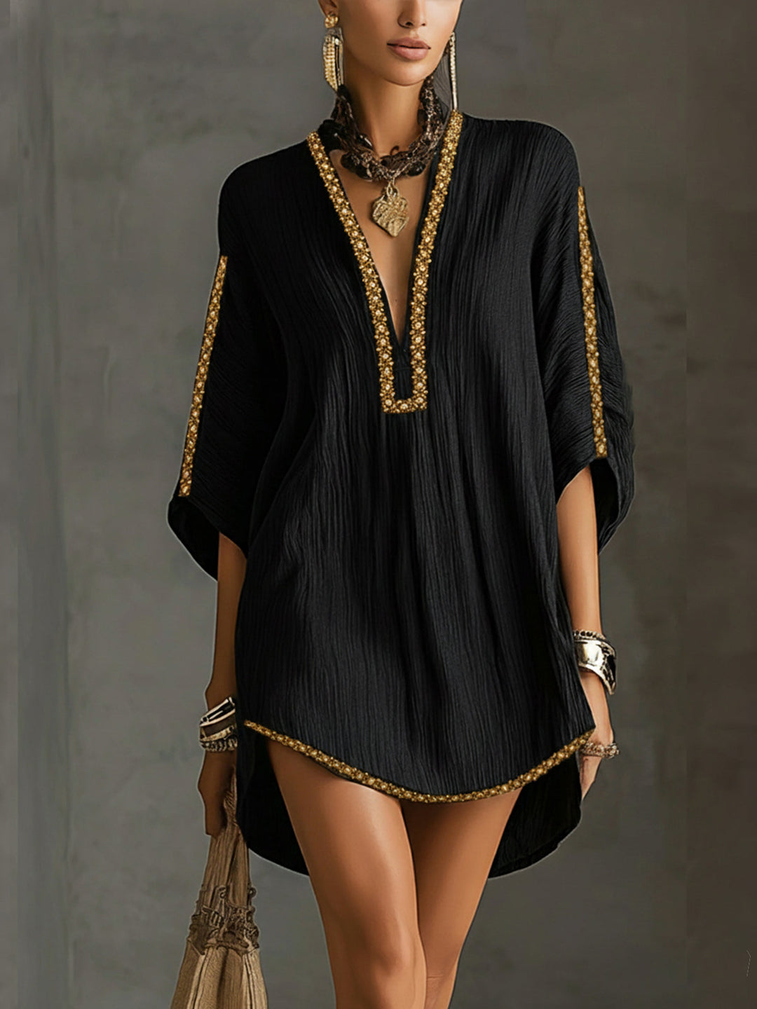 Gwendolyn | Black Kaftan-Style Mini Dress with Deep V-Neck