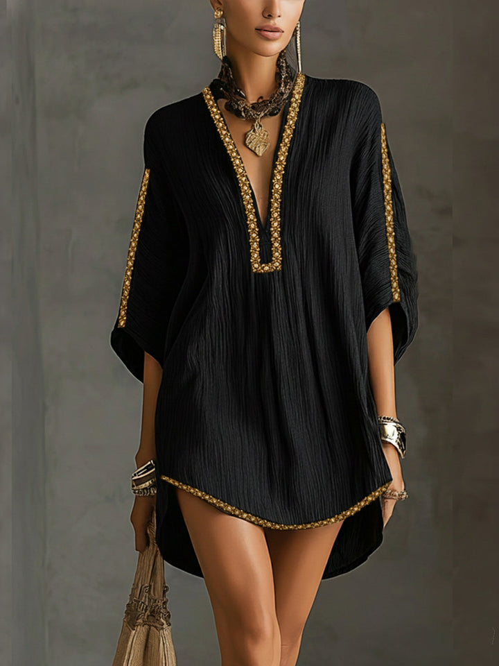 Gwendolyn | Black Kaftan-Style Mini Dress with Deep V-Neck