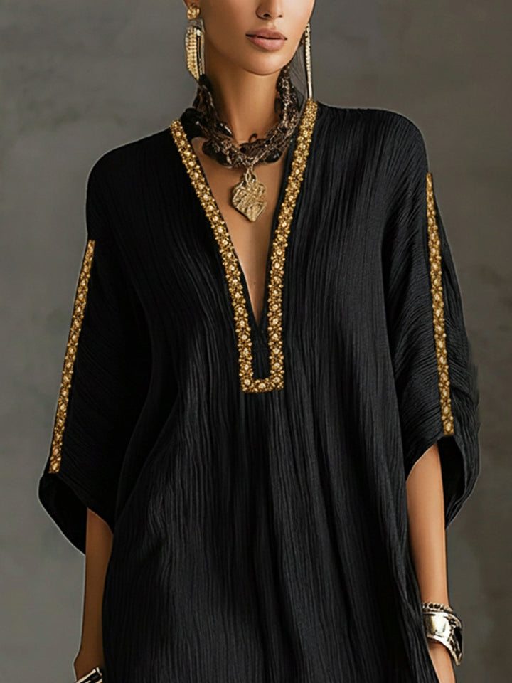 Gwendolyn | Black Kaftan-Style Mini Dress with Deep V-Neck