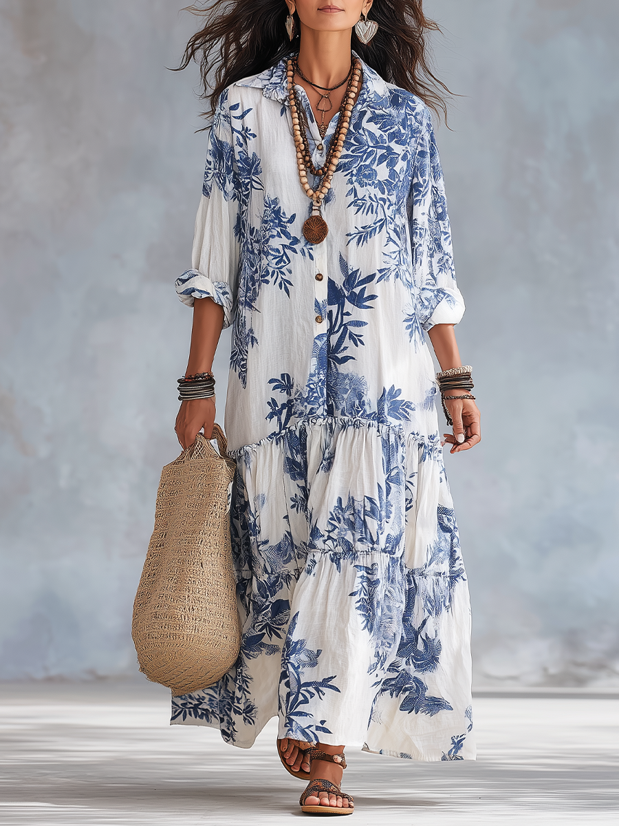 Milena™ | Bohemian Blue Floral Button-Down Tiered Maxi Dress