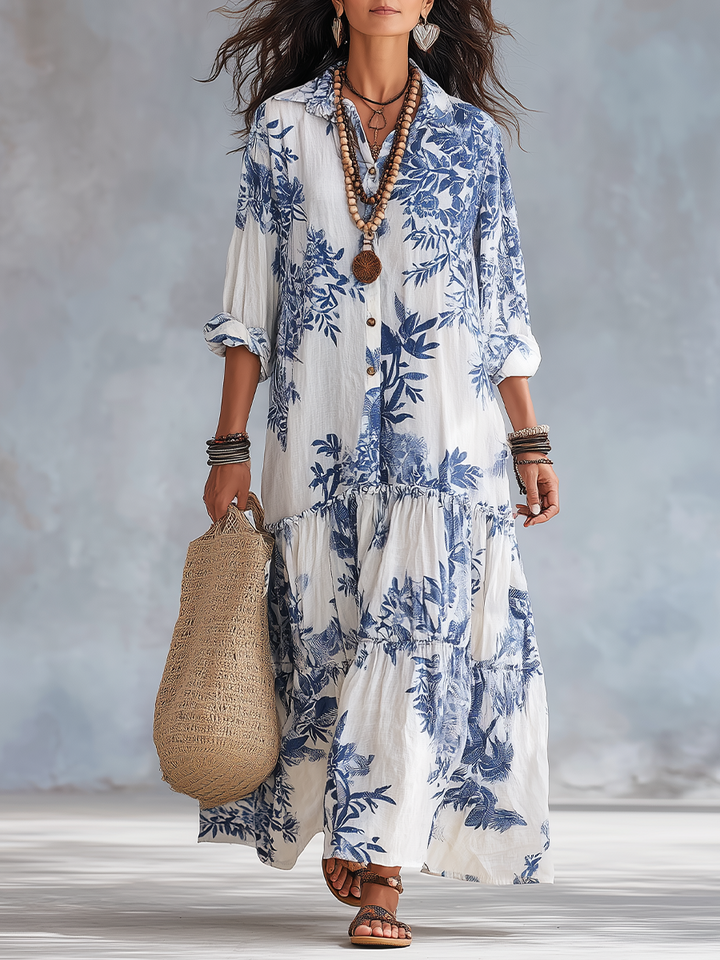 Milena™ | Bohemian Blue Floral Button-Down Tiered Maxi Dress