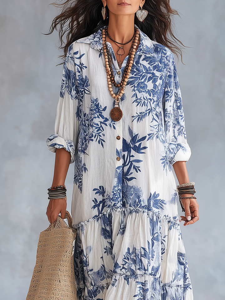 Milena™ | Bohemian Blue Floral Button-Down Tiered Maxi Dress