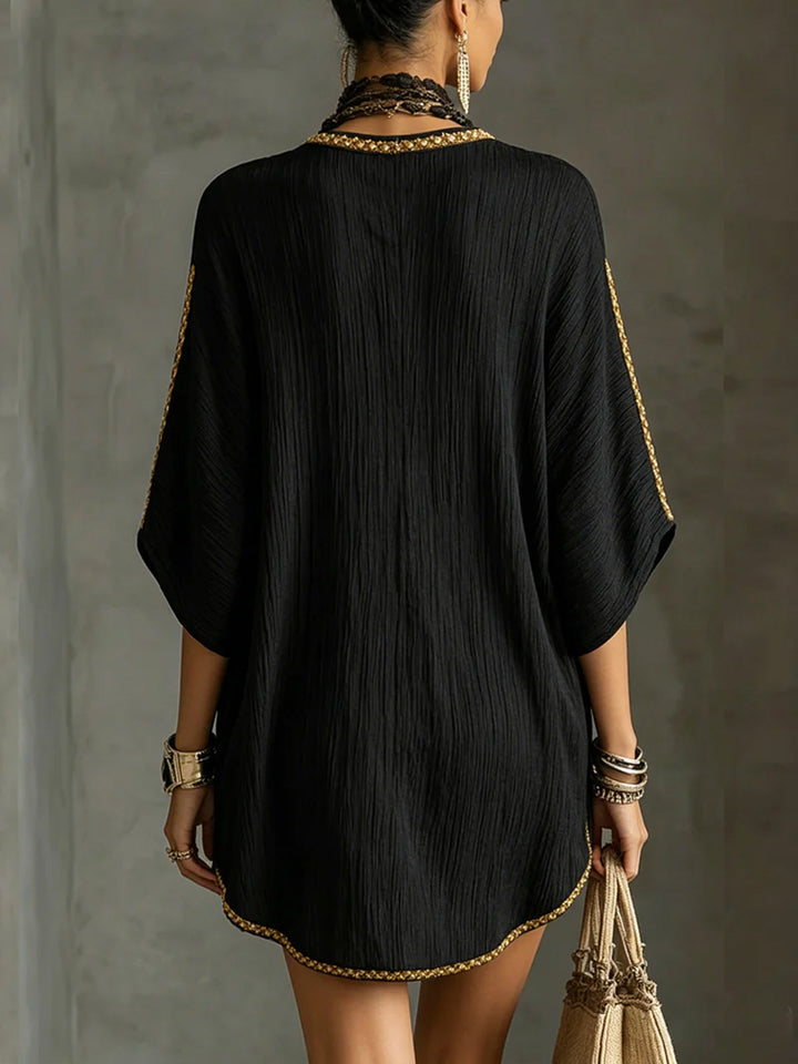 Gwendolyn | Black Kaftan-Style Mini Dress with Deep V-Neck