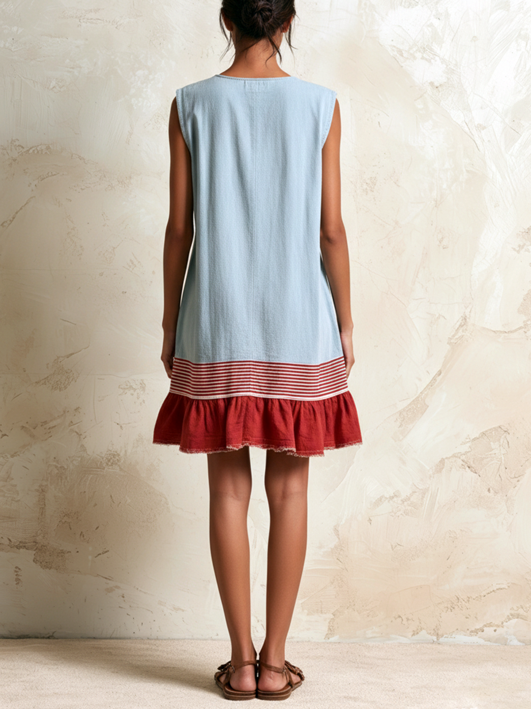 Honora | Sleeveless Tunic Dress in Light Blue with Red Stripe and Ruffled Hem