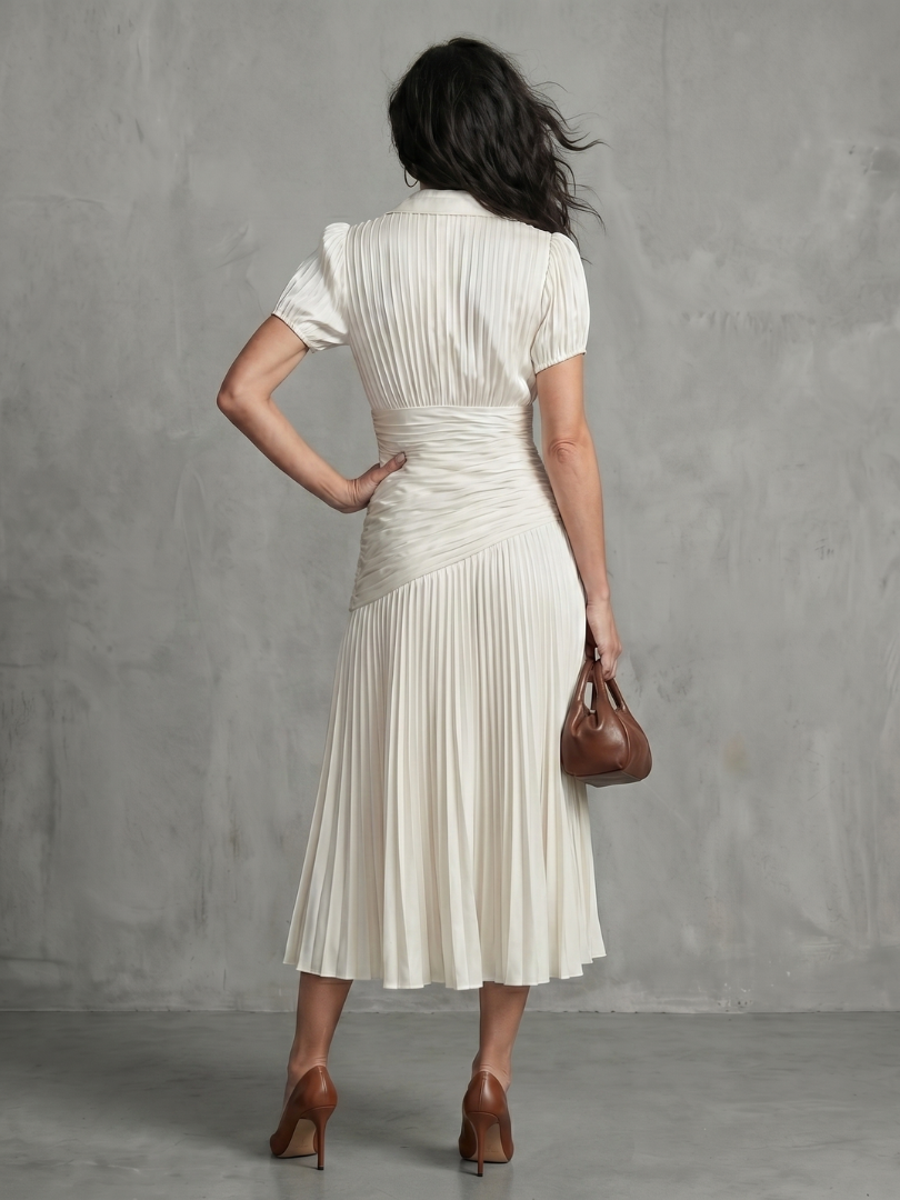 Paola | Pleated Waistline Stripe Midi Dress