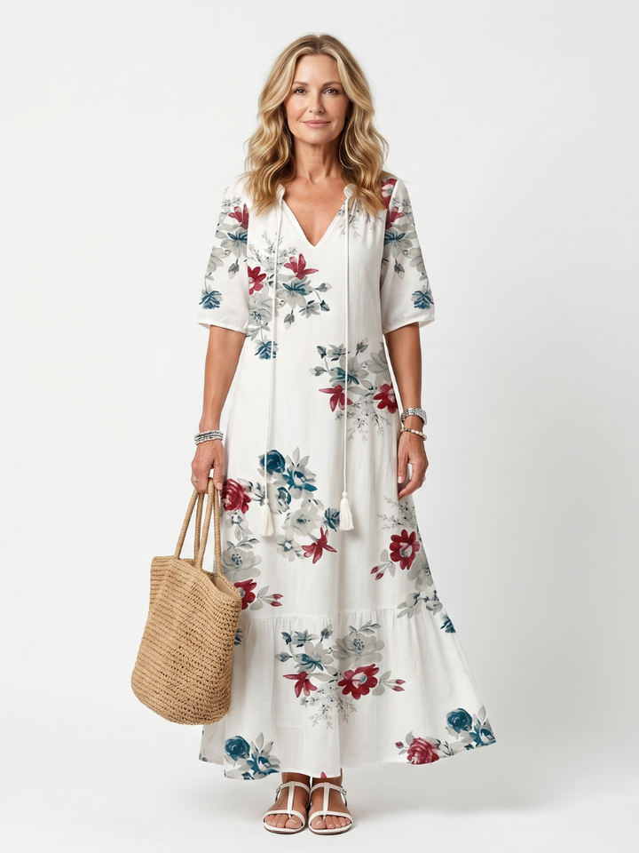 Annabel | Scattered Floral Tassel Tie Midi Dress