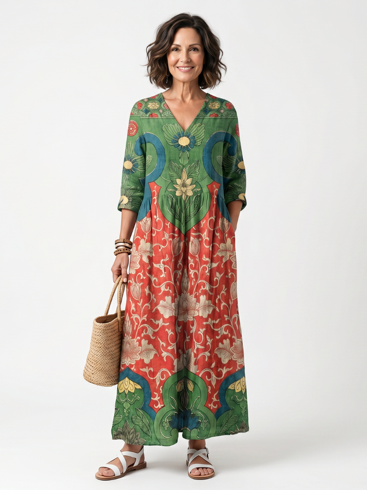 Winifred | Mixed Print V Neck Pocket Midi Dress
